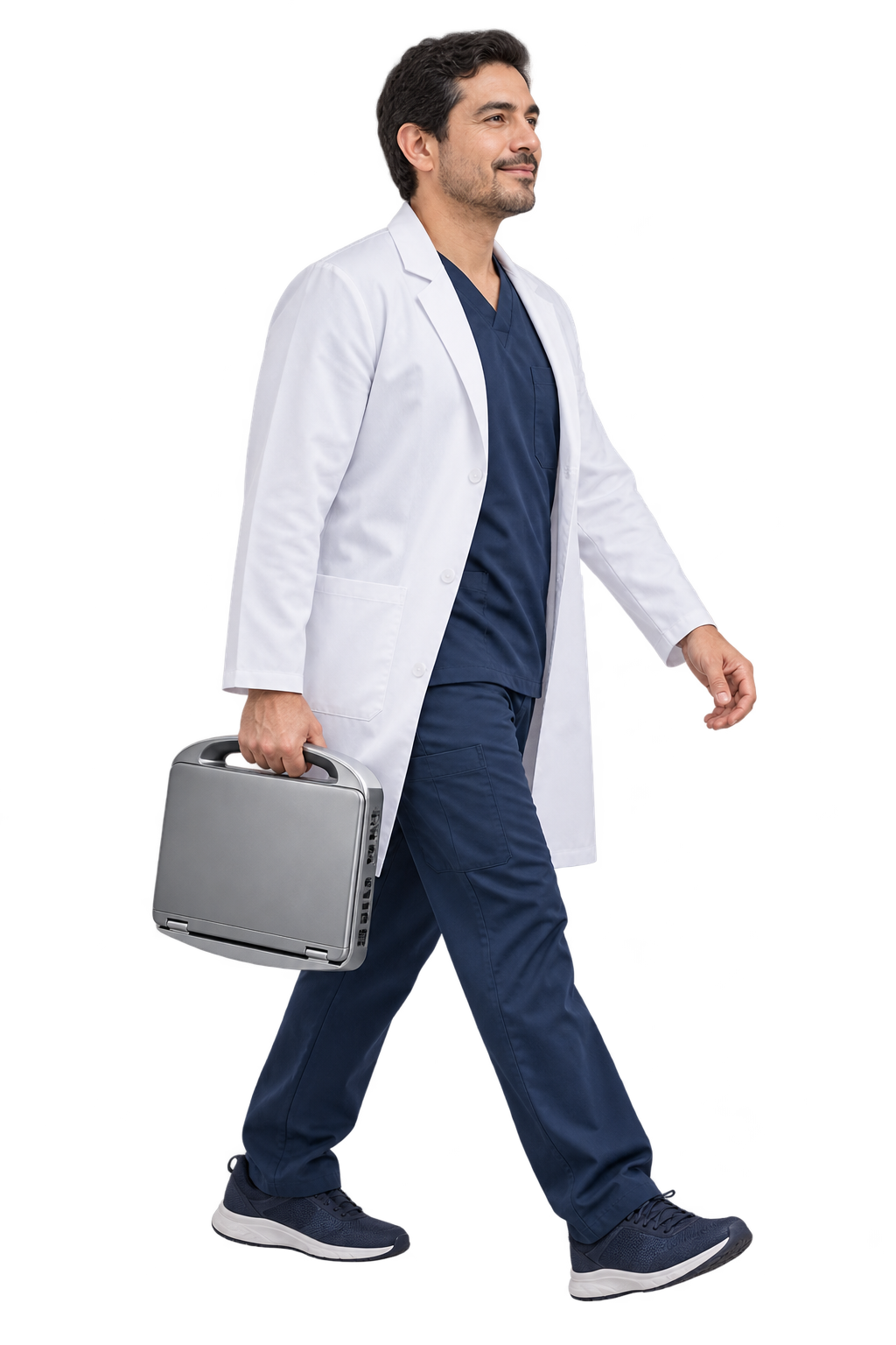 Escena ilustrativa de un médico trasladando un ultrasonido MX3